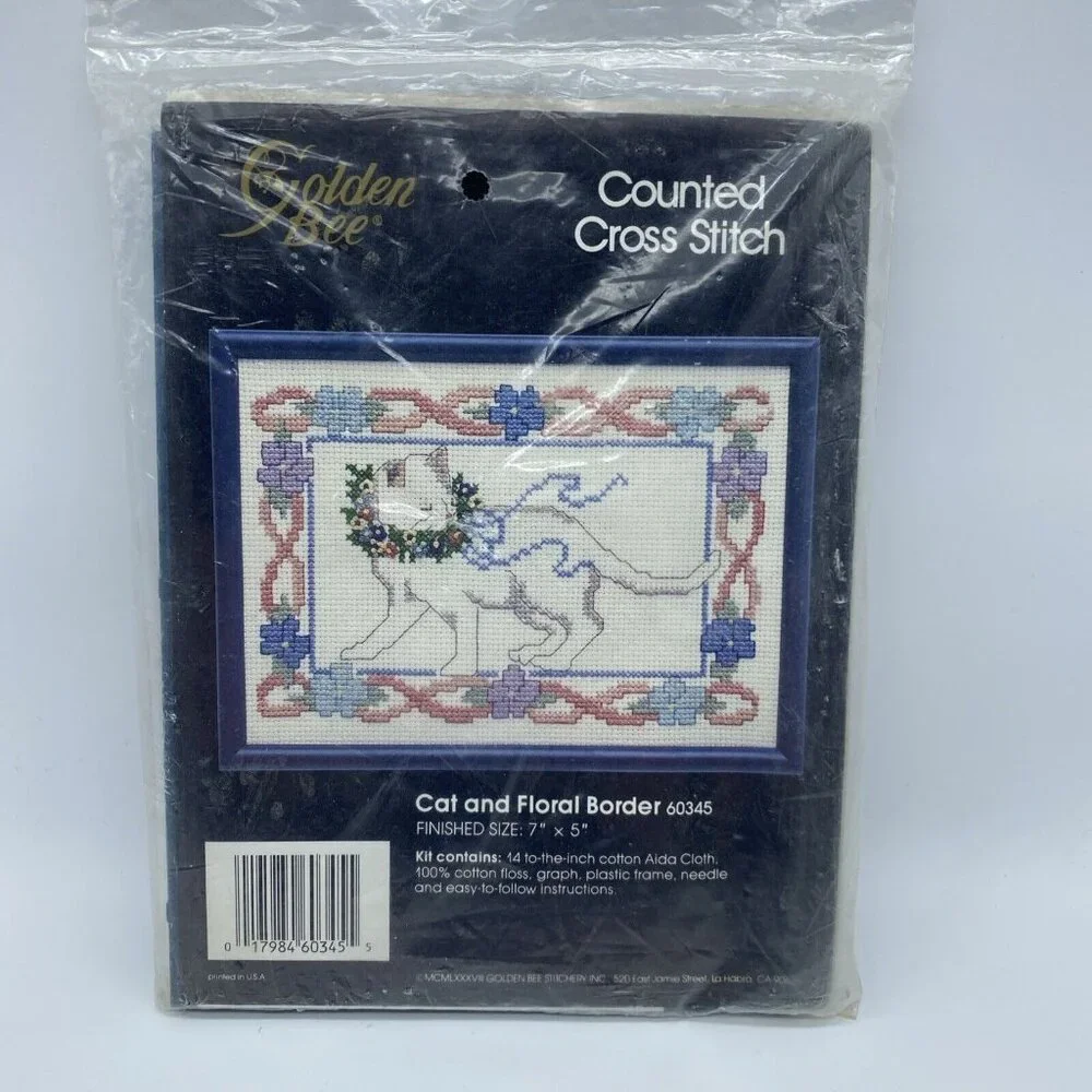 Golden Bee Counted Cross Stitch Kit Cat Floral Border 60345 Embroidery 7x5 NOS